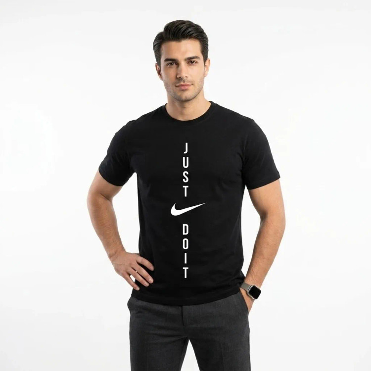 تیشرت یقه گرد مردانه طرح Just Do It مشکی نخ پنبه صد در صد مناسب ورزش و دورهمی