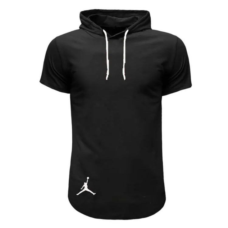 تی شرت کلاه دار مردانه نخی آستین کوتاه مشکی مدل bl4406