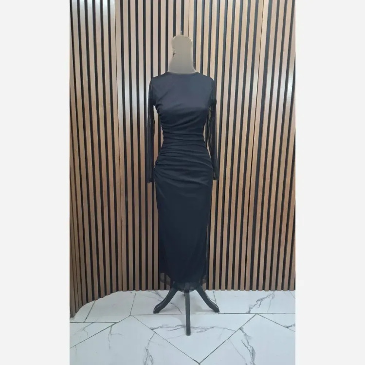پیراهن مجلسی زنانه مشکی جنس تور و آستر قد 135 پشت چاکدار سایزبندی